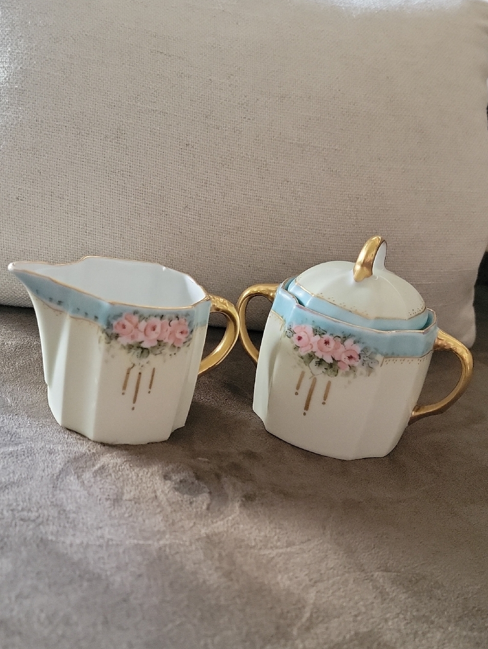 E.Lohr Germany Vintage Floral Porcelain Creamer and Sugar Set - Blue & Pink